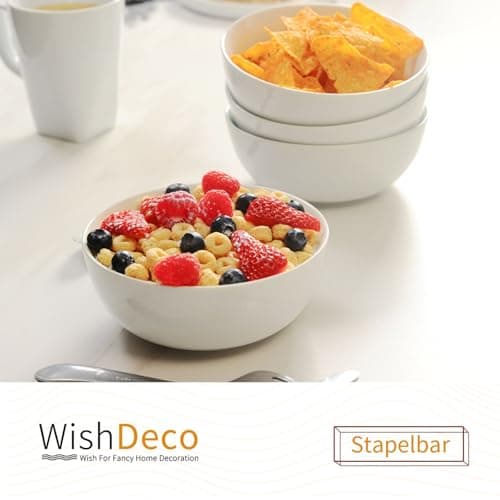 WishDeco Lot de 4 Bols à Céréales, Bols à Soupe 600ml, Bols Petit Déjeuner en Porcelaine, Bols Blancs pour Dessert, Pâtes, Nouilles, Riz, Salade, Fruits