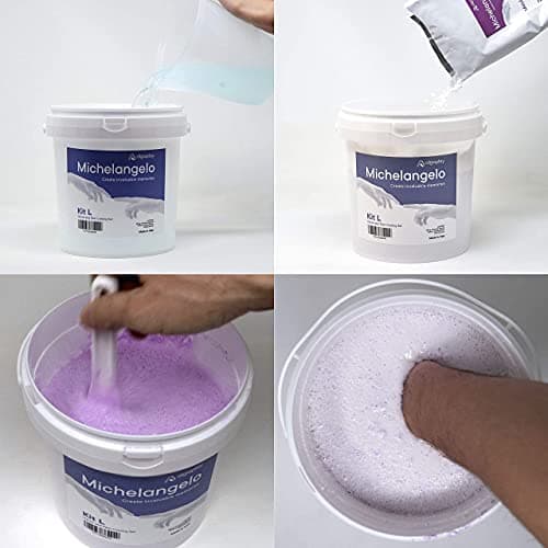 Michelangelo KIT L de moulage. Permet de créer une sculpture de 2 mains d'adultes ou 3 d'enfants en famille ou entre amis. Un pichet doseur de 1 litre et une spatule en plastique pour mélanger.