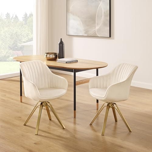 Zouron Chaise de Salle à Manger en Velours, Chaise de Bureau Pivotante avec Pieds Dorés, Fauteuil de Salon avec Accoudoirs et Siège Rembourré Épais, Beige