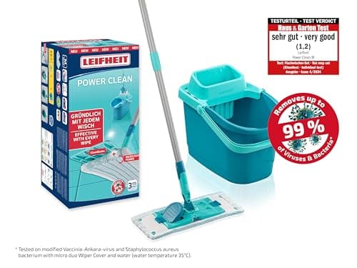 Leifheit Set PowerClean M, Balai serpillère et Seau essoreur ménageant Le Dos, kit avec Housse serpillière Micro Duo pour Un Nettoyage en Profondeur, mécanisme d'essorage Facile, Click-System