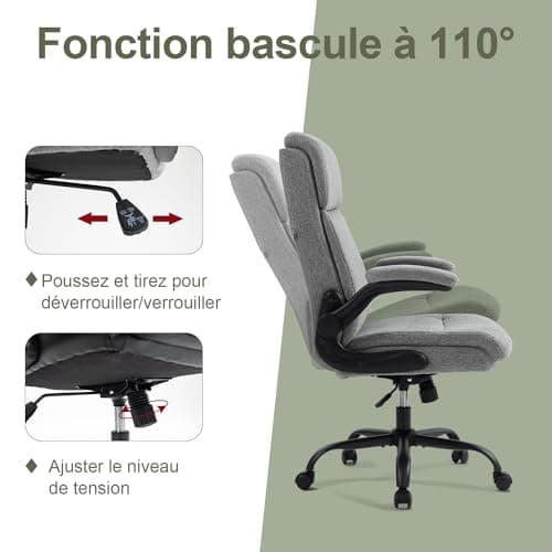 CASTLOVE Chaise de bureau ergonomique avec dossier, accoudoirs rabattables, dossier haut, hauteur réglable, fonction bascule, chaise de bureau en tissu gris, charge maximale : 150 kg