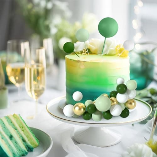 BOUBONI 48 Pièces Boules de Décoration de Gâteau Décorations de Cupcake en Ballon Boules de Gâteau pour Fête d'anniversaire Décoration de Gâteau d'Anniversaire(Vert, Vert Clair, Blanc, Or)