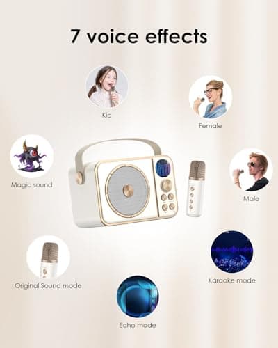 Machine de Karaoké avec 2 Micro sans Fil, Haut-Parleur Bluetooth Portable, Dispose 7 Effets Sonores, pour Fête et Voyage-Blanc