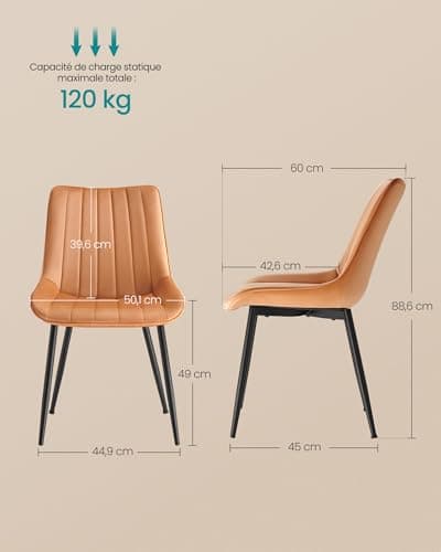 SONGMICS Lot de 2 Chaise Salle à Manger, Chaise Cuisine, Supportant Jusqu’à 120 kg, Pied en Acier, Dossier Ergonomique, pour Salle à Manger, Cuisine, Marron Caramel et Noir d'encre LDC090K01