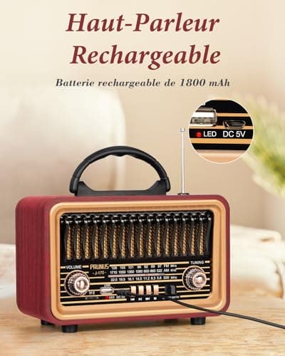 Poste Radio Vintage, PRUNUS J-170 Radio Vintage Retro AM/FM/SW Radio Portable Rechargeable avec Batterie 1800mAh, Radio Bluetooth avec Son Stéréo Puissant, Support pour USB/TF/TWS