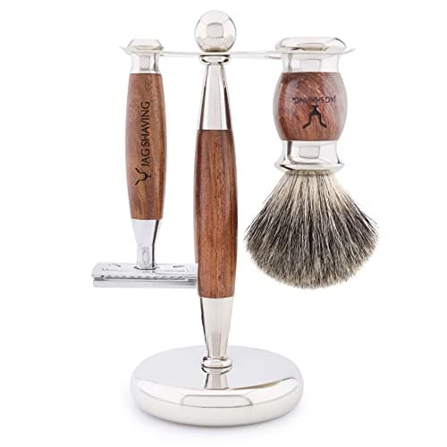Jag Shaving Germany Kit de rasage 5 pièces avec blaireau en poils de blaireau et support en cuir pour rasoir de sûreté