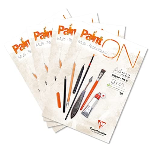 Clairefontaine 96537Cpack - Bloc Collé PaintON Multi-techniques - 40 Feuilles Papier Dessin Multi-techniques au Grain Très Léger - Blanc - A4 21x29,7 cm 250g - Paquet de 4 Blocs