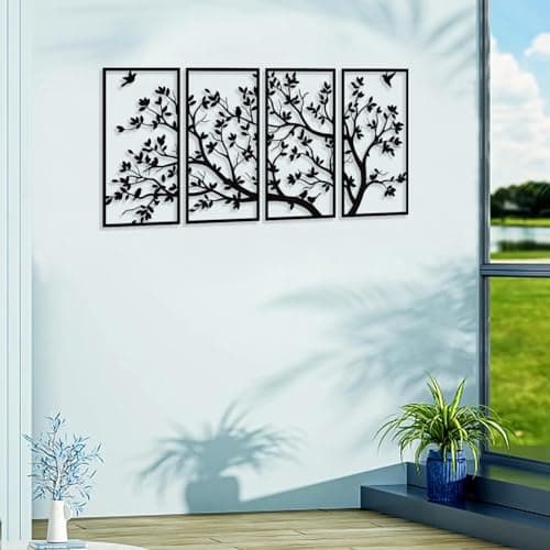 Décoration murale arbre de vie en métal à 4 panneaux pour cadeau de jardin, maison, chambre à coucher, salon (60 x 30 cm)