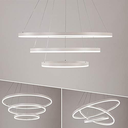 STARRYOL Suspension LED Moderne, Collection 3 Anneaux Peinture Blanche, Lustre Suspendu Réglable Plafonnier Contemporain, Dimmable 2700K - 6500K, avec Télécommande - 78W