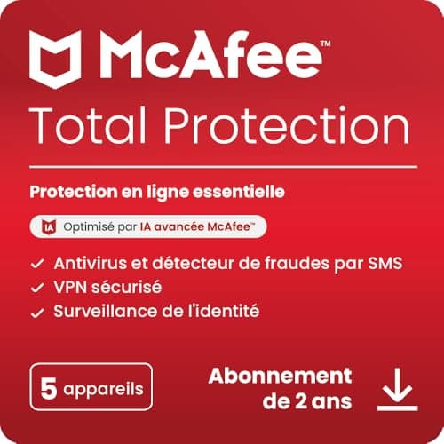 McAfee Total Protection 5 appareils 2025 | 2 ans | VPN sécurisé, logiciel de sécurité avec antivirus, gestionnaire de mots de passe et surveillance de l'identité | Téléchargement