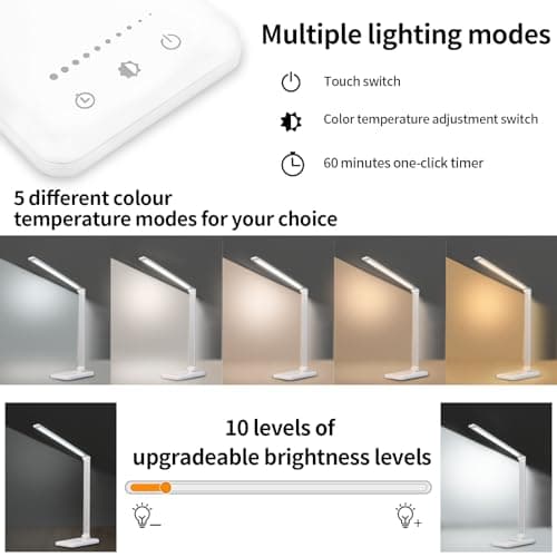LQWELL® Lampe de Bureau LED À IntensitÉ Variable, 5 Couleurs, 10 Niveaux de LuminositÉ, Lampe de Chevet Respectueuse des Yeux, Chargement USB, Contrôle Tactile Et Fonction MÉMoire Pour Le Bureau