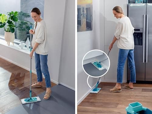 Leifheit Set PowerClean M, Balai serpillère et Seau essoreur ménageant Le Dos, kit avec Housse serpillière Micro Duo pour Un Nettoyage en Profondeur, mécanisme d'essorage Facile, Click-System