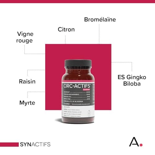 ARAGAN - Synactifs - Circactifs Pilulier - Complément Alimentaire Circulation Jambes Lourdes - Vigne Rouge, Raisin, Citron, Vitamines - 60 gélules - 1 mois à 2 mois de prise - Fabriqué en France