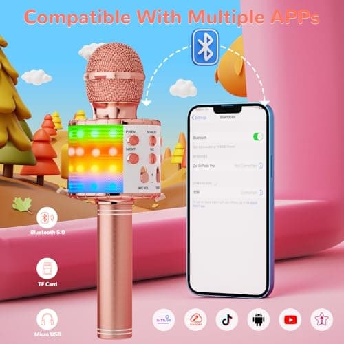 Ankuka Microphone sans Fil Karaoké avec Lumières LED de Danse, Microphone Bluetooth pour Enfants Fille Garcon pour Fête Chanter Idée Cadeau de Noël Anniversaire Or Rose