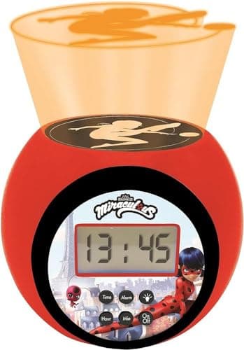 Lexibook- Réveil projecteur Miraculous avec Fonction Alarme et répétition Snooze, veilleuse avec minuterie, écran LCD, à Piles, Rouge/Noir, RL977MI