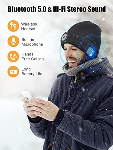 UNBON Bonnet Bluetooth avec LED Lampe, Idée Cadeau Homme Bonnet Bluetooth Lampe Frontale Rechargable Cadeau Noël Original Bonnet LED Bluetooth avec Écouteur Stéréo Tricoté Hiver Chaud pour Homme Femme