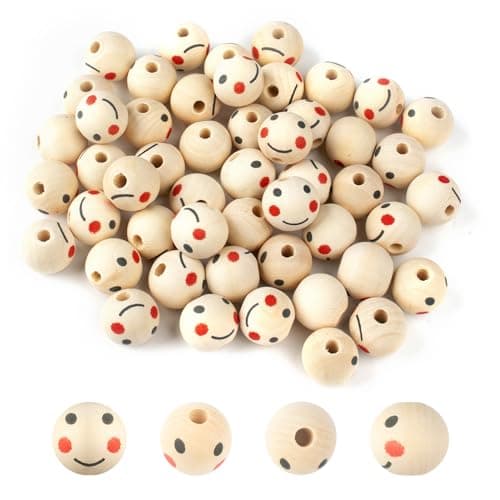 SUTOUG Lot de 50 perles rondes en bois avec tête de poupée souriante de 20 mm avec trou de 5 mm pour bricolage, bracelet, macramé, collier, bijoux, poupée