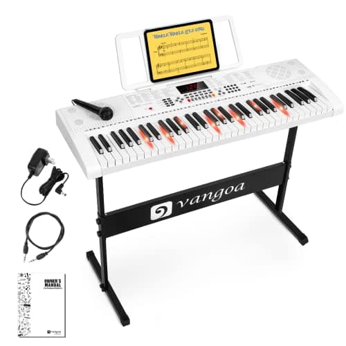 Vangoa Clavier électronique 61 Lumineuses Touches avec Support de Clavier de Piano, Microphone, 600 Timbres, 400 Rythmes, 30 Démos, Blanc