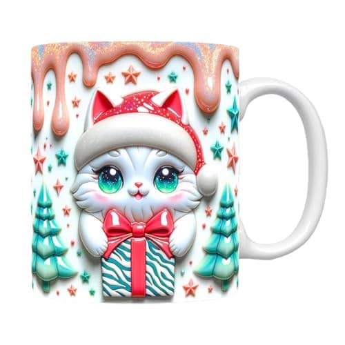 Ancsttu Tasse à café 3D, motif chat de Noël | Tasse à café en céramique avec chapeau de Noël 350 ml pour famille, , amis, collègues