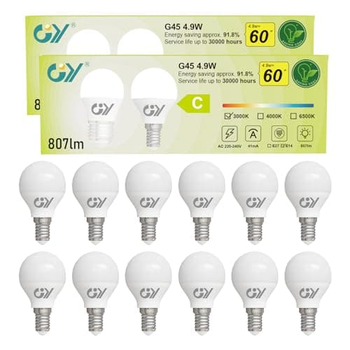 GY Ampoule LED E14 4,9W équivalent 60W, 807 Lumens 3000K Blanc Chaud,G45 Ampoule E14 Led Efficacité Energétique, Non-Dimmable, Lot de 12