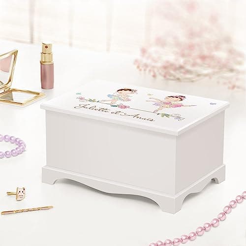 Maverton Boîte à Bijoux Musicale personnalisée avec ballerine - 17x11x9 Coffret à trésors avec impression pour petite fille - pour premier anniversaire - baptême - deco - jumelles