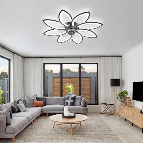 Lustre Ventilateur de Plafond, Ventilateur Plafond avec Lumiere Silencieux, Plafonnier Ventilateur Fleur Design Moderne, Dimmable, Fonction Mémoire, 6 Vitesses, Moteur DC, Réversible Eté Hiver, Nero