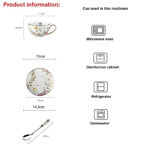 HUAMu Biene und Blumen Teetassen und Untertassen Keramik Teetasse Tasse Kaffee (1 Tasse und 1 Platte 1 cuillère)