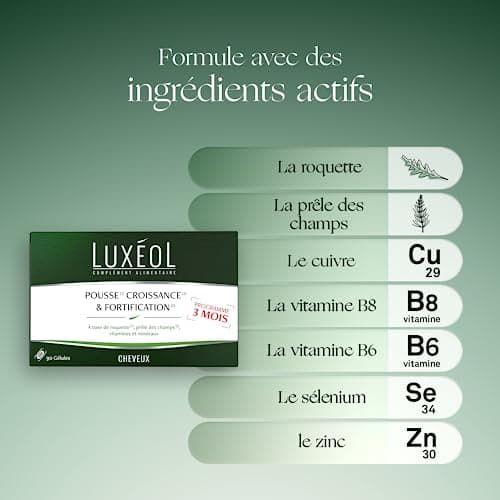 LUXÉOL - Pousse Croissance & Fortification - Complément Alimentaire - Roquette, Prêle Des Champs, Zinc, Cuivre, Sélénium, Vitamine B8 & B6 - Fabriqué En France - Programme Cheveux 3 Mois - 90 Gélules