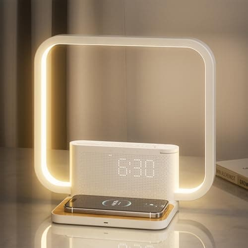 RETEYUNG Lampe de Chevet avec Chargeur Sans Fil 10w, 2 Réveils, Lumière De réVeil, 10 Sons Apaisants, Variateur Tactile, Réveil Lever de Soleil, Lampes de Chevet 3 Niveaux de Luminosité