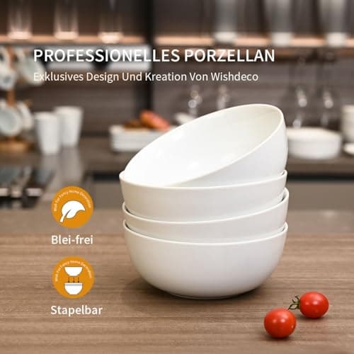 WishDeco Lot de 4 Bols à Céréales, Bols à Soupe 600ml, Bols Petit Déjeuner en Porcelaine, Bols Blancs pour Dessert, Pâtes, Nouilles, Riz, Salade, Fruits