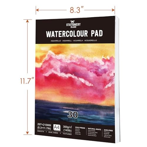 Stationery Island Papier Aquarelle A4, 30 Feuilles Carnet Aquarelle 300g. Bloc Aquarelle Papier A4, Premium Double Texture. Papier Pour Aquarelle, Dessin Et Croquis. Bloc aquarelle dessin