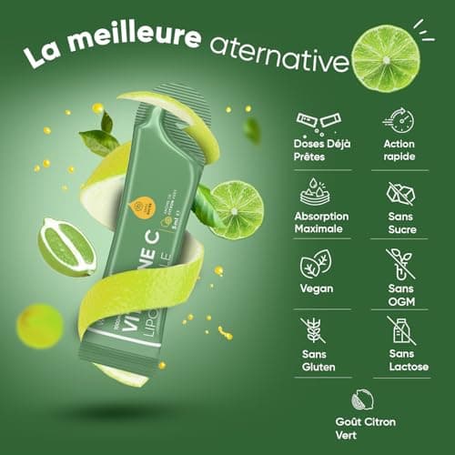 Vitamine C Liposomale 1000mg - 14 Sachets 5ml Vegan Goût Citron Vert Sans Sucre - Vitamine C Liquide Acide Ascorbique Haute Absorption & Dose - Vitamines Adultes Immunité, Antioxydant & Fatigue
