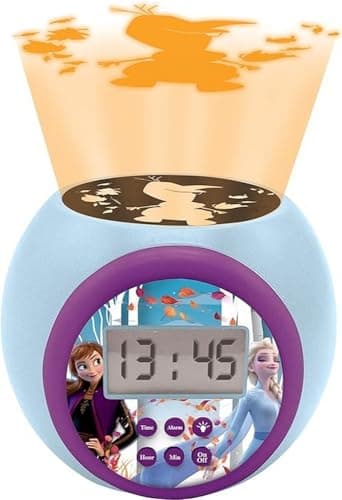 Lexibook Réveil projecteur Disney La Reine des Neiges 2 Anna Elsa avec fonction alarme et répétition snooze, veilleuse avec minuterie, écran LCD, à piles, bleu/violet, RL977FZ