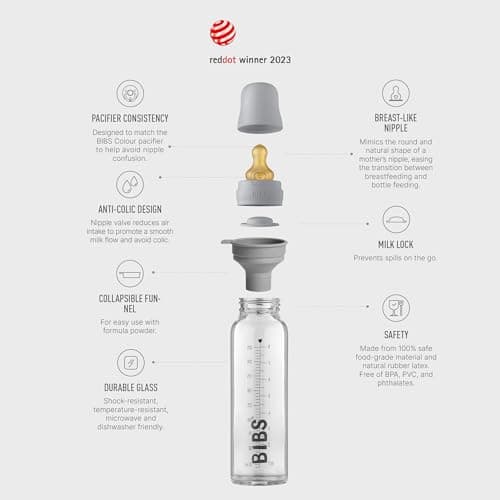 BIBS Baby Glass Bottle. Anti-colique. Embout rond en latex de caoutchouc naturel. Favorise l’allaitement naturel, 225 ml, Cloud