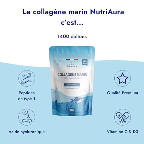 Collagène Marin Poudre Type 1 + Acide Hyaluronique, Glycine, Silicium, Vitamines C et D3 - Peau & Articulations - 5218mg de Collagène Hydrolysé à 1400 Da - Peptides - gout neutre - Fabriqué en France