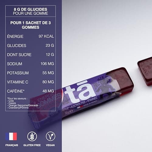 TA Energy - Gommes énergétiques - Pack x12 - Citron, Fraise, Cassis, Cola - Apports en énergie pendant l''effort 100Kcal pour 3 gommes - Idéal pendant l'entrainement et les courses - MADE IN FRANCE