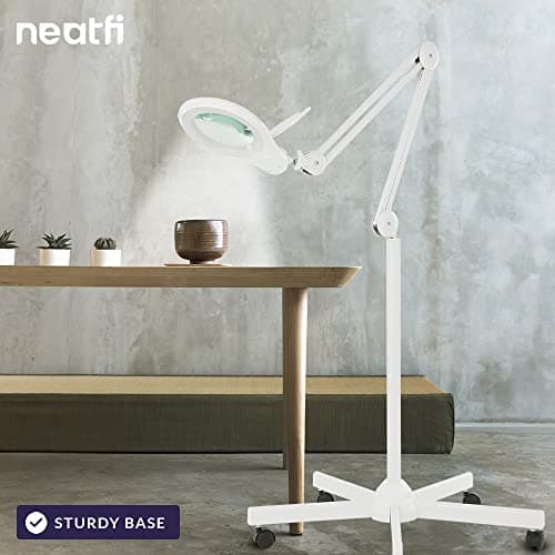 Neatfi Bifocals Lampe loupe Super LED 1 200 lumens avec base pivotante à 5 roues, double dioptrie 5/20, intensité variable, 60 LED SMD, lentille de 12,7 CM de diamètre (Blanc)