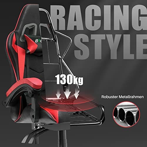 bigzzia Chaise Gaming - Ergonomique Chaise de Gaming avec Coussin Lombaire + appuie-tête - PU Cuir Chaise Bureau réglable en Hauteur - Fauteuil Gaming pour Adultes Enfants - Rouge