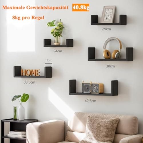 SRIWATANA Etagere Murale Noir Lot de 5, Étagère Murales Bois Suspendue, Etagere Flottante de Rangement, DIY Déco Tablette Flottante pour Salon Chambre Bureau Salle de Bains, Cuisine, Charge Max.40kg