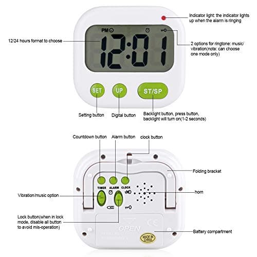 Fdit Réveil Digital Double Alarme Horloge Numérique Minuterie Electronique LCD Musique Vibration avec Rétro-éclairage Lumière de Nuit