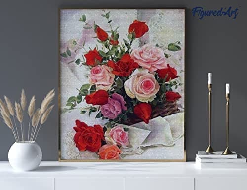 Figured’Art Diamond Painting Broderie Diamant 40x50cm Toile Entière Roulée avec Strass Perles Carrés - Roses Belles Fleurs - Kit Complet 5D DIY Activité Manuelle Loisirs Créatifs Adultes