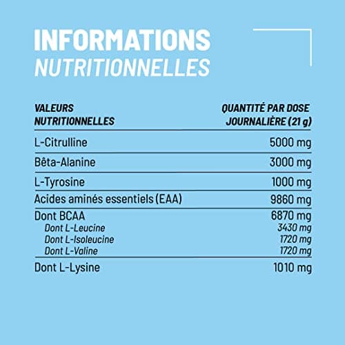 Nutripure | Pure Workout | Complément alimentaire | Pre Workout sans caféine | EAA, BCAA, Citrulline Kyowa®, Bêta-alanine CarnoSyn®, Tyrosine | Arôme naturel myrtille | 15 x 21g | Fabriqué en France