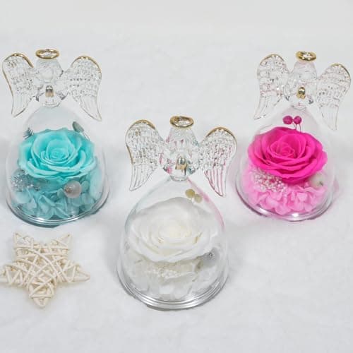 Miofula Figurine d'ange rose éternelle - Cadeau pour femme - Cadeau d'anniversaire pour maman - Fleur éternelle - Dôme en verre - Véritable rose - Cadeau pour mère, grand-mère, petite amie, pour Noël,