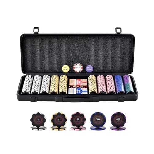 VEVOR Mallette de Poker 500 Jetons de Poker en Argile et ABS 14 g 40x3,3 mm avec 2 Jeux de Cartes Texas Hold'em 1 Bouton de Croupier et 2 Boutons Blind pour Blackjack Jeux de Hasard Casino à Domicile