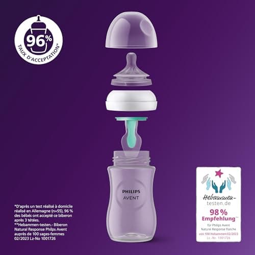 Philips Avent Kit biberons avec valve AirFree pour nouveau-né – 4 biberons à Réponse Naturelle, sucette ultra-douce et goupillon pour les bébés âgés de 0 à 12 mois (modèle SCD657/11)