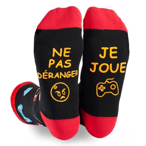 FLYWIND Chaussettes Humoristiques Homme 43-46 Cadeau Homme Chaussette Fantaisie Humour Rigolo Drôle Anniversaire Noël Papa (FR/ES, Numérique, 43, 46, Taille normale, Taille normale, ROUGE-JEUX)