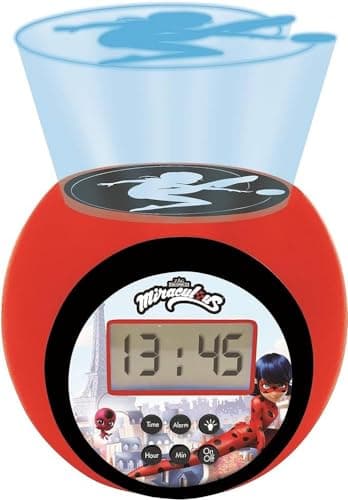 Lexibook- Réveil projecteur Miraculous avec Fonction Alarme et répétition Snooze, veilleuse avec minuterie, écran LCD, à Piles, Rouge/Noir, RL977MI