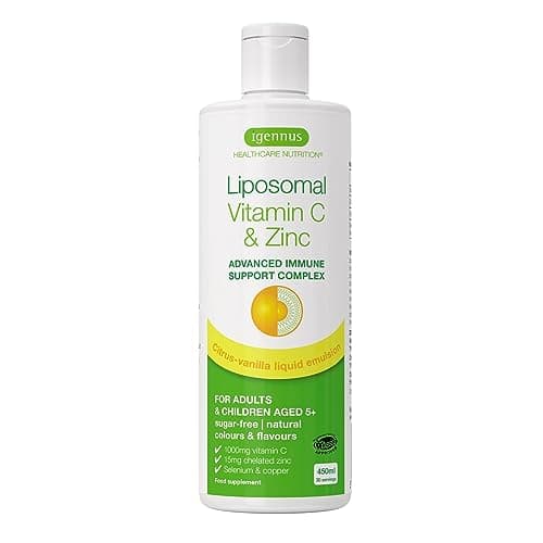 Vitamine C Liposomale 1000 mg Liquide avec Zinc, Cuivre et Sélénium - Système Immunitaire & Réduction de la Fatigue - Goût d'agrumes et vanille, Adultes et Enfants, 30 – 90 portions