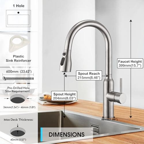 CREA Robinet de Cuisine avec Douchette Extractible, Mitigeur Monocommande Robinet Évier de Cuisine de Pulvérisation Haute Pression avec Aimant Rétractable en Acier Inoxydable Mat Brossé