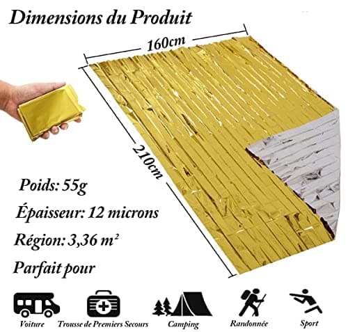 HONYAO® Couverture de Survie 3 Pièces, 210×160cm, Réutilisable Extra Large, Couverture Thermique Or Argenté, Couverture d'urgence pour l'extérieur, Randonnée, Survie, Marathons, Premiers Secours